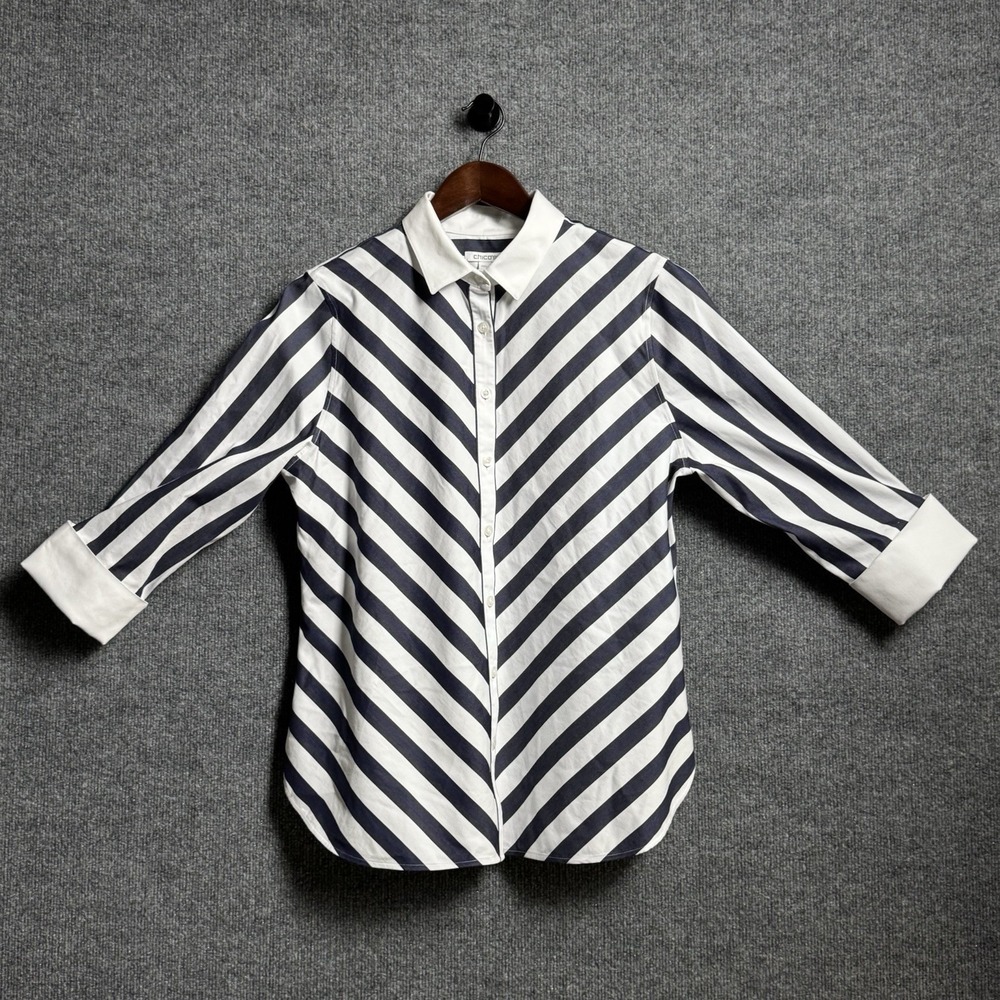 Chico's No Iron Button Up Shirt 1.5 M 10 Navy White Chevron Stripes 3/4 Nautical